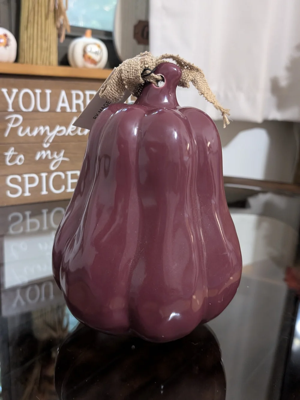 Rae Dunn Plum Ceramic Pumpkin with Burlap Accent
